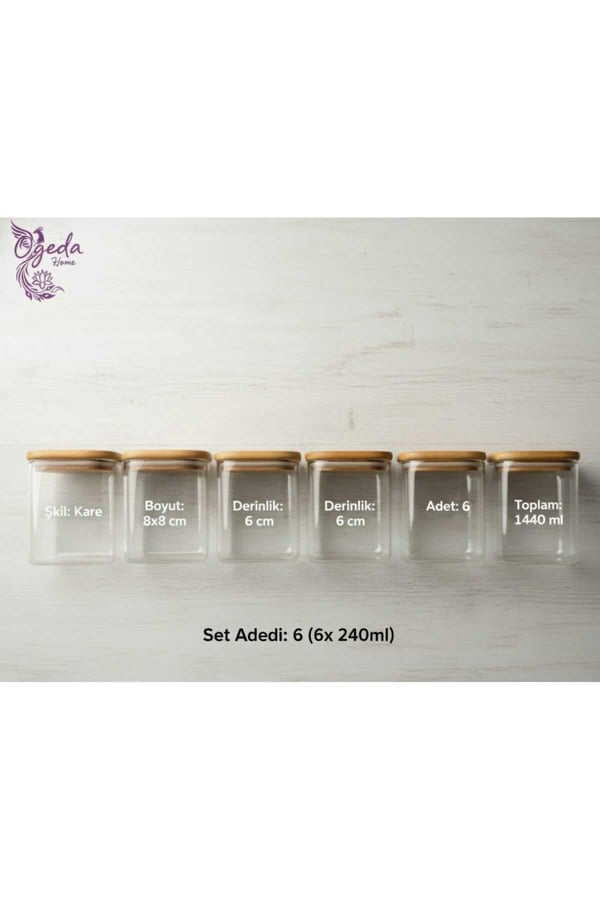 6’lı Kare Cam Saklama Kabı Seti – Bambu Kapaklı 240 ml Kavanoz – Kahvaltılık & Çerezlik Seti