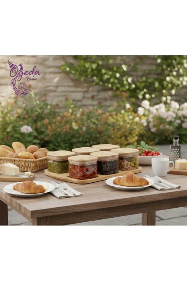 6’lı Kare Cam Saklama Kabı Seti – Bambu Kapaklı 240 ml Kavanoz – Kahvaltılık & Çerezlik Seti