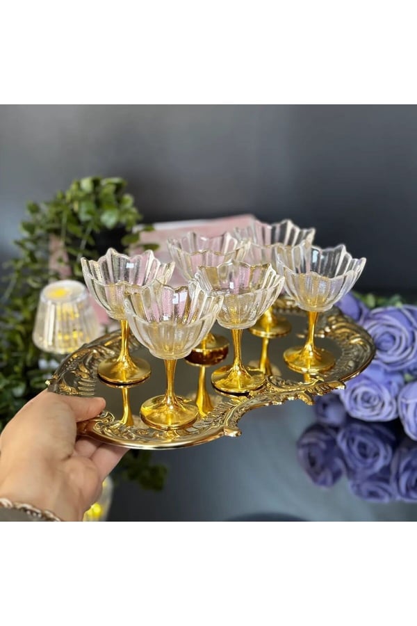 6'lı Gold Ayaklı Lotus Çiçeği Kahve Yanı Cam Lokumluk-Gold Ayaklı Lotus Lokumluk