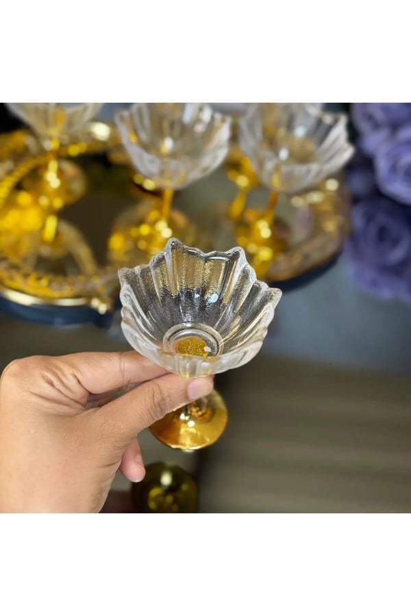 6'lı Gold Ayaklı Lotus Çiçeği Kahve Yanı Cam Lokumluk-Gold Ayaklı Lotus Lokumluk