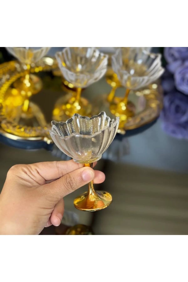 6'lı Gold Ayaklı Lotus Çiçeği Kahve Yanı Cam Lokumluk-Gold Ayaklı Lotus Lokumluk