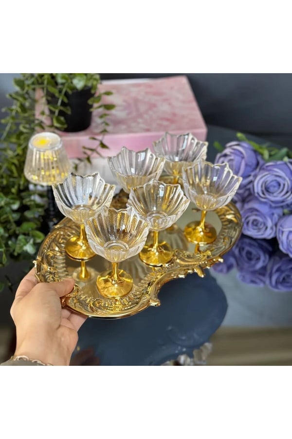 6'lı Gold Ayaklı Lotus Çiçeği Kahve Yanı Cam Lokumluk-Gold Ayaklı Lotus Lokumluk