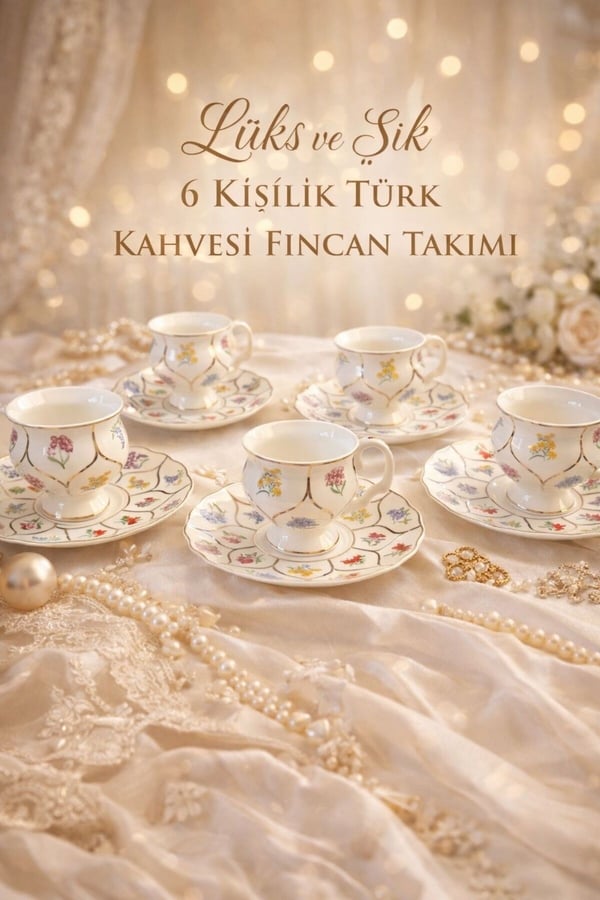 6'lı Gold Detaylı Çiçekli Fincan Takımı- Mien 6 Kişilik Gold Çiçekli Türk Kahvesi Seti