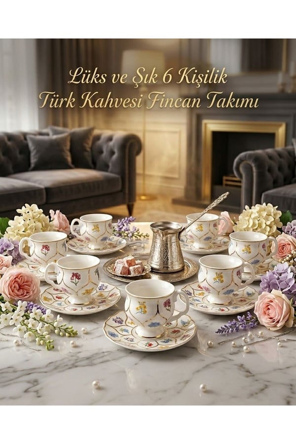 6'lı Gold Detaylı Çiçekli Fincan Takımı- Mien 6 Kişilik Gold Çiçekli Türk Kahvesi Seti