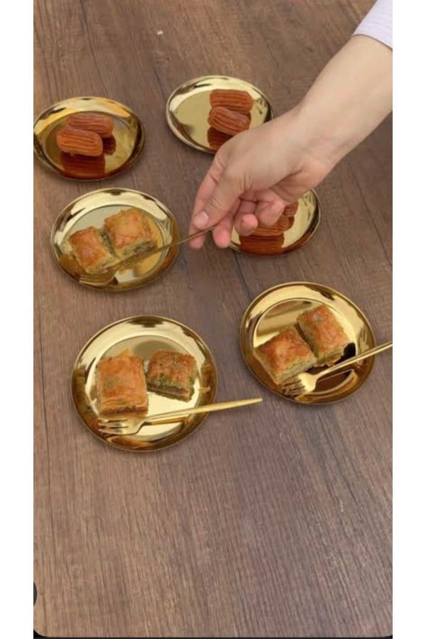6'lı Gold Yuvarlak Metal Tatlı Tabağı 12 cm- Kahve Yanı Lokumluk,Şekerlik,Kahve Yanı İkramlık