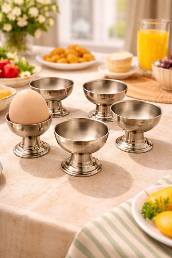 6'lı Gümüş Renk Metal Yumurtalık Seti- Şık Kahvaltı Sunumluk Yumurtalık- Yumurta Kabı