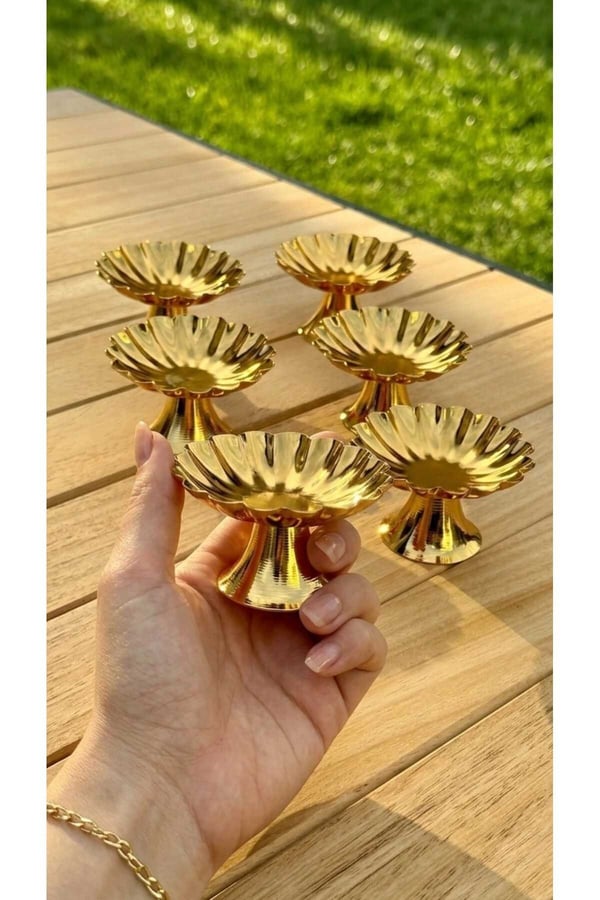 6'lı İsritidye Huni Ayaklı Gold Kahve Yanı Lokumluk,Makaronluk,Şekerlik,Lokumluk