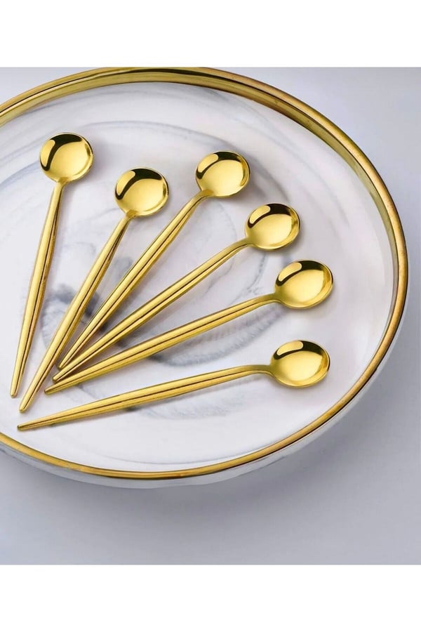 6'lı Paslanmaz Titanyum Yuvarlak Gold Çay Kaşığı - 6'lı Gold Çay Kaşık Seti