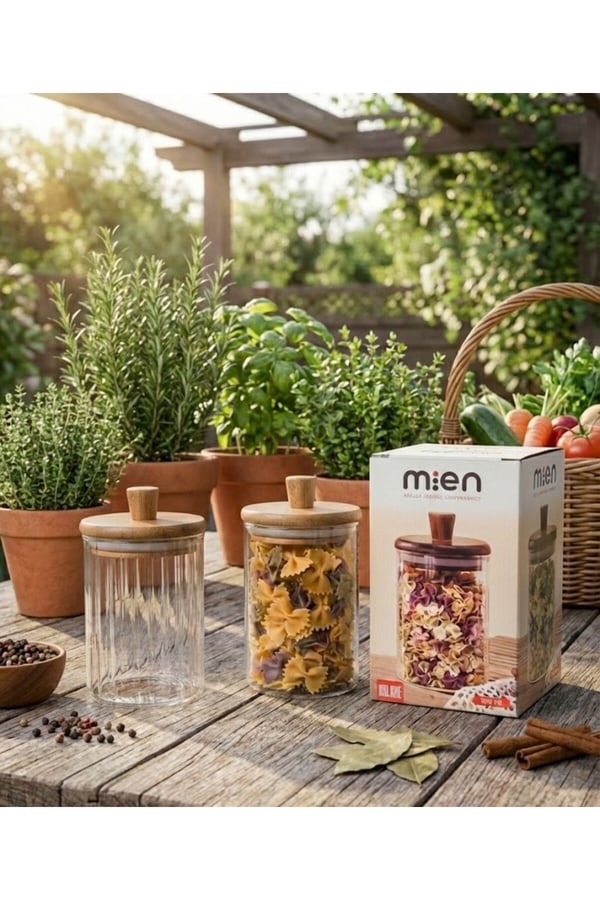 Ahşap Kapaklı Cam Baharat Seti 3’lü (330 ml) - Mien Altlık ve Kaşıklı 3'lü Baharat Seti