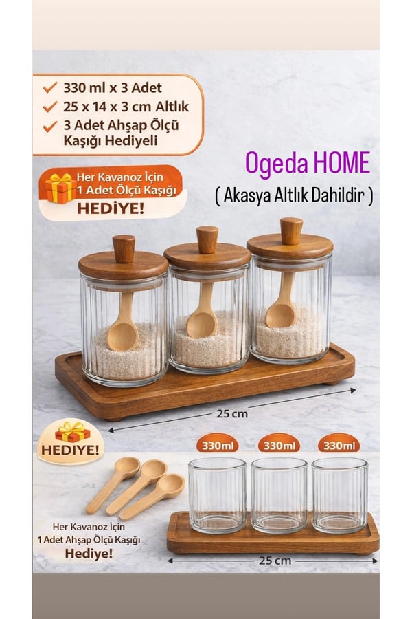 Ahşap Kapaklı Cam Baharat Seti 3’lü (330 ml) - Mien Altlık ve Kaşıklı 3'lü Baharat Seti