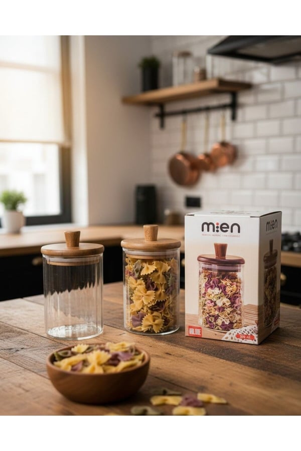 Ahşap Kapaklı Cam Baharat Seti 3’lü (330 ml) - Mien Altlık ve Kaşıklı 3'lü Baharat Seti