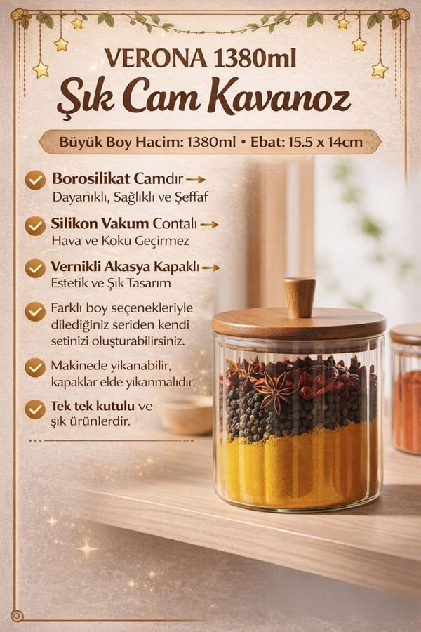 Akasya Cam Kavanoz 1380 ml-Akasya Kapaklı Büyük Boy Kavanoz-Mien Baharat, Bakliyat, Kahve Kavanozu