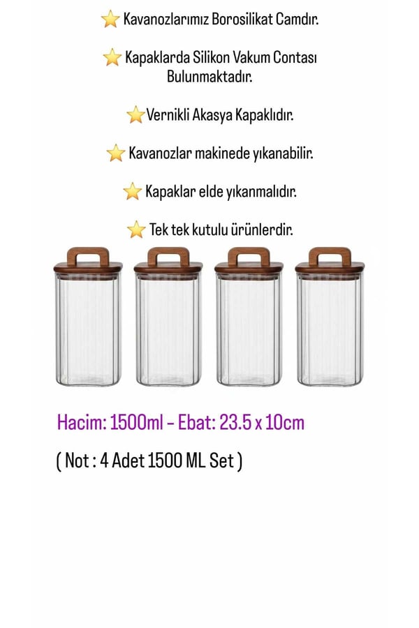 Akasya Kapaklı 4’lü Cam Saklama Kavanoz Seti –Mien 4'lü 1500 ml Kare, Akasya Kapaklı, Kulp Detaylı Set