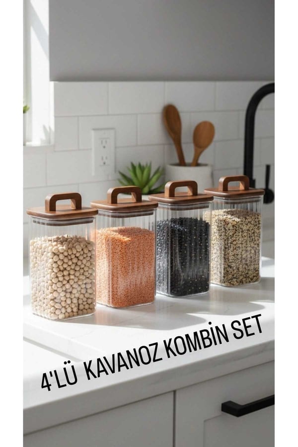Akasya Kapaklı 4’lü Cam Saklama Kavanoz Seti –Mien 4'lü 1500 ml Kare, Akasya Kapaklı, Kulp Detaylı Set