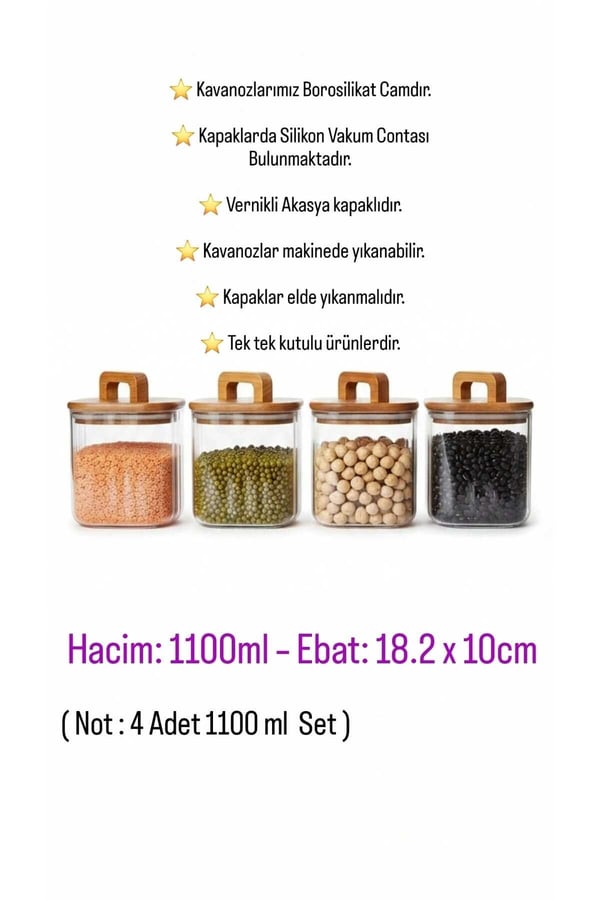 Akasya Kapaklı 4’lü Kare Cam Saklama Kavanoz Seti –Mien 4'lü Kare, 1100 ml Akasya Kapaklı, Kulplu Kavanoz Seti