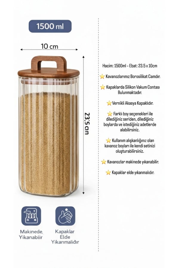 Akasya Kapaklı Cam Kavanoz 1500 ML –Büyük Boy Kahve, Bakliyat&Kuruyemiş Saklama Kabı–