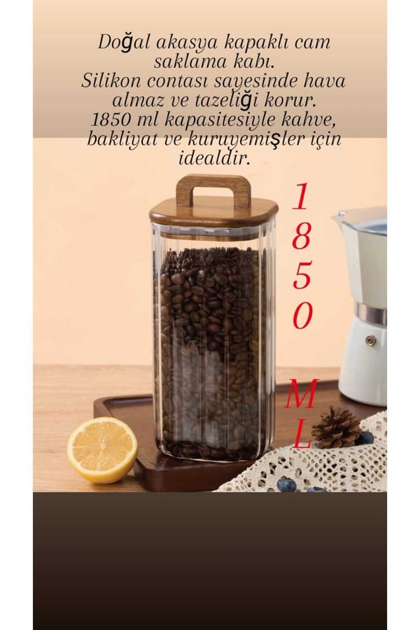 Akasya Kapaklı Cam Kavanoz 1850 ML–Büyük Boy Kahve, Bakliyat & Kuruyemiş Saklama Kabı