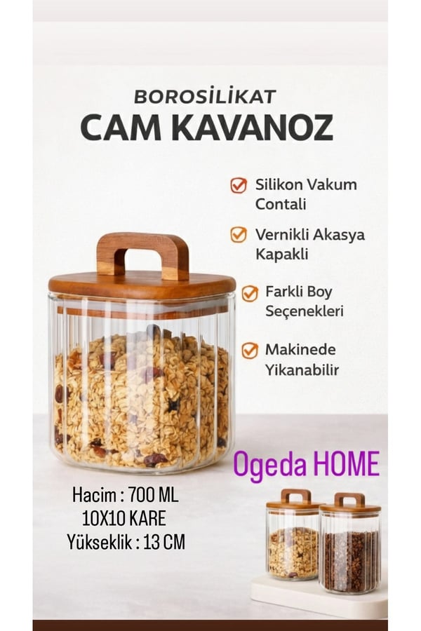 Akasya Kapaklı Cam Kavanoz 700 ml – Kahve, Bakliyat & Baharat Saklama Kabı – Şeffaf Mutfak Kavanozu