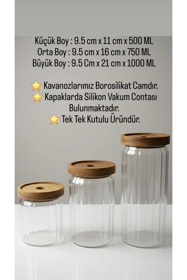 Akasya Kapaklı Yuvarlak 3'lü Cam Kavanoz Seti -Balsa 3 Boy Vakumlu Akasya Kapaklı Cam Kavanoz Seti