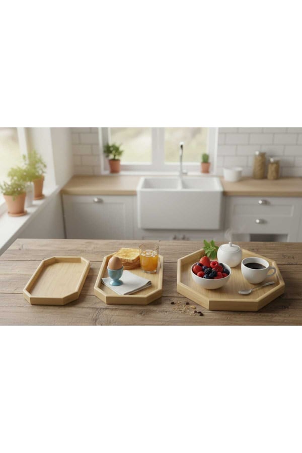 Bambu 3’lü Tepsi Seti – Doğal Bambu Sunum & Servis Tepsisi, Kahvaltı ve 8gen Dekoratif Tepsi