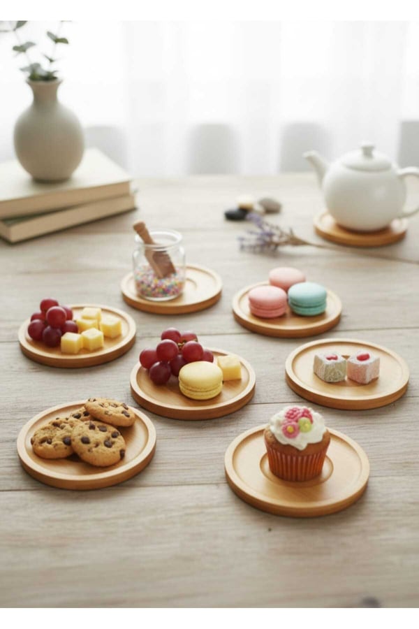 Bambu 6 lı Çay tabağı-Bambu Ahşap 6'lı Çay Tabağı ve Sunum Tabağı