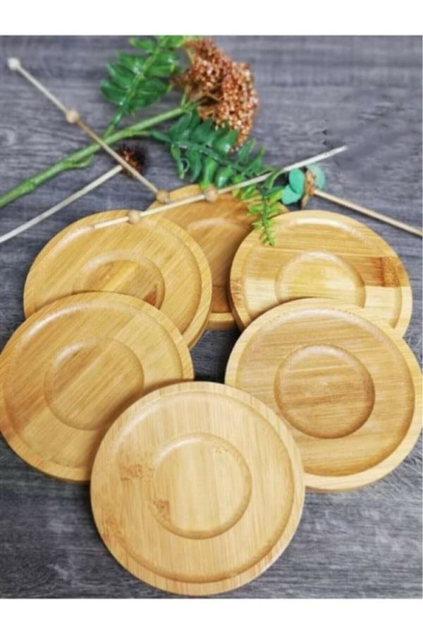 Bambu 6 lı Çay tabağı-Bambu Ahşap 6'lı Çay Tabağı ve Sunum Tabağı