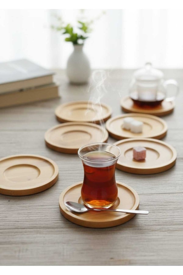 Bambu 6 lı Çay tabağı-Bambu Ahşap 6'lı Çay Tabağı ve Sunum Tabağı