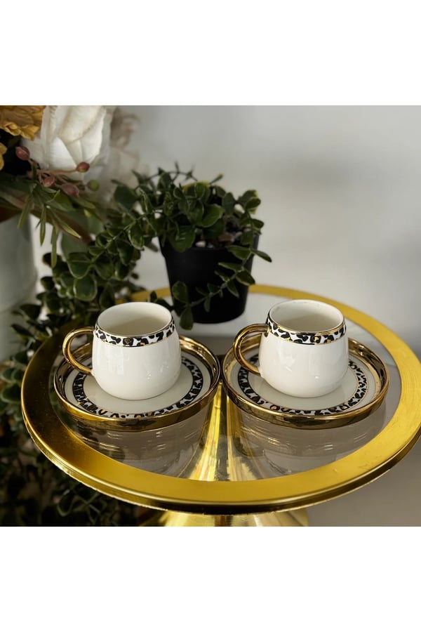 Buenos 6’lı Gold Leopar Desenli Fincan Takımı- Porselen Gold Kulplu Leopar Desenli Fincan Seti