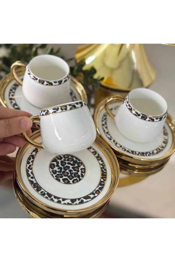 Buenos 6’lı Gold Leopar Desenli Fincan Takımı- Porselen Gold Kulplu Leopar Desenli Fincan Seti