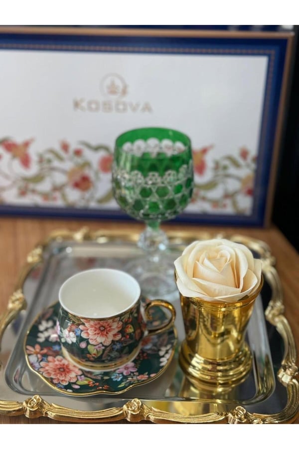 Çiçekli 6 Kişilik Fincan Takımı- Kosova Çiçekli, Çok Renkli Türk Kahvesi Seti