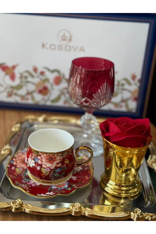 Çiçekli 6 Kişilik Fincan Takımı- Kosova Çiçekli, Çok Renkli Türk Kahvesi Seti