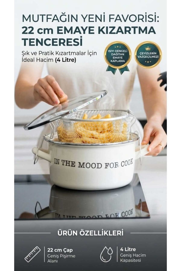 Emaye Kızartma Tenceresi/ Fritöz 22 cm - Mood Serisi Emaye Kızartma Tenceresi/ Fritöz (Özel Pyrex Kapaklı) 4 LT