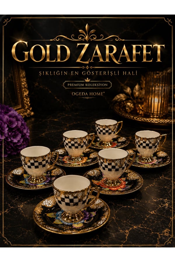 Gold Ayaklı Renkli Dama Desenli 6’lı Türk Kahve Fincan Takımı Porselen-Balsa Fincan Takımı