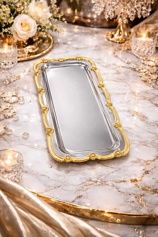 Gold- Gümüş Nişan Tepsisi Dikdörtgen Sunum Tepsisi – Söz & Nişan Yüzük Tepsisi, Kahve Sunum Tepsisi