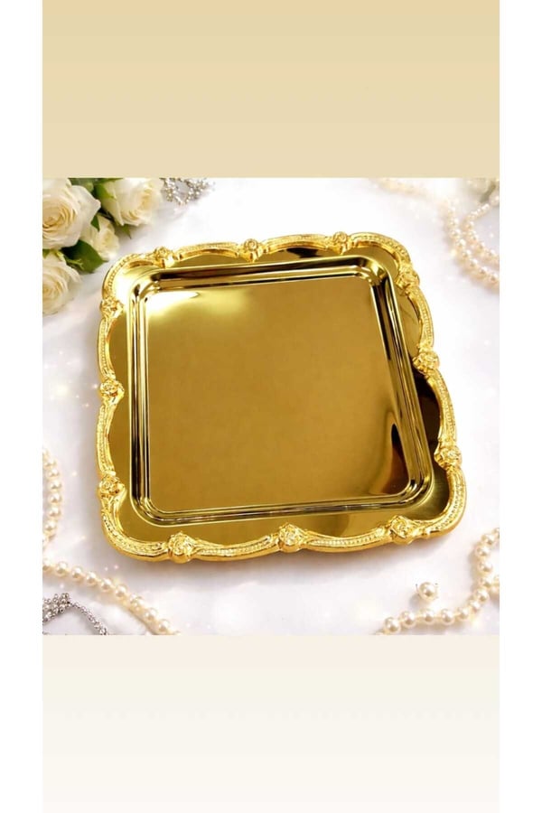 Gold Üzeri Gold Gül Figürlü Sunum Tepsisi– Tek Kişilik Dekoratif Kare Servis Kahve Çay Tepsisi