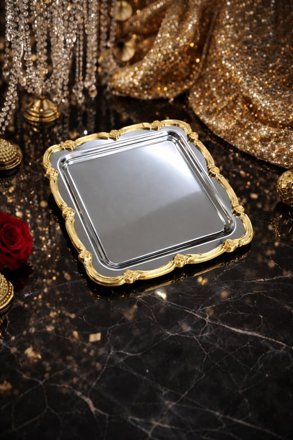 Gümüş Üzeri Gold Gül Figürlü Sunum Tepsisi– Tek Kişilik Dekoratif Kare Servis Kahve Çay Tepsisi