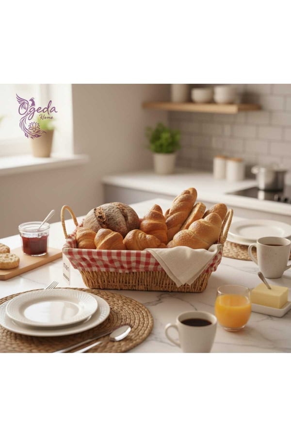 Hasır Ekmeklik Sepeti – Dikdörtgen Ekmek Sunum Sepeti 20×27 cm – Kumaşlı Hasır Servis Sepeti