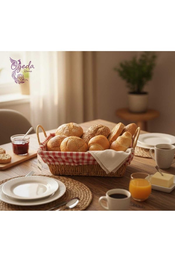 Hasır Ekmeklik Sepeti – Dikdörtgen Ekmek Sunum Sepeti 20×27 cm – Kumaşlı Hasır Servis Sepeti