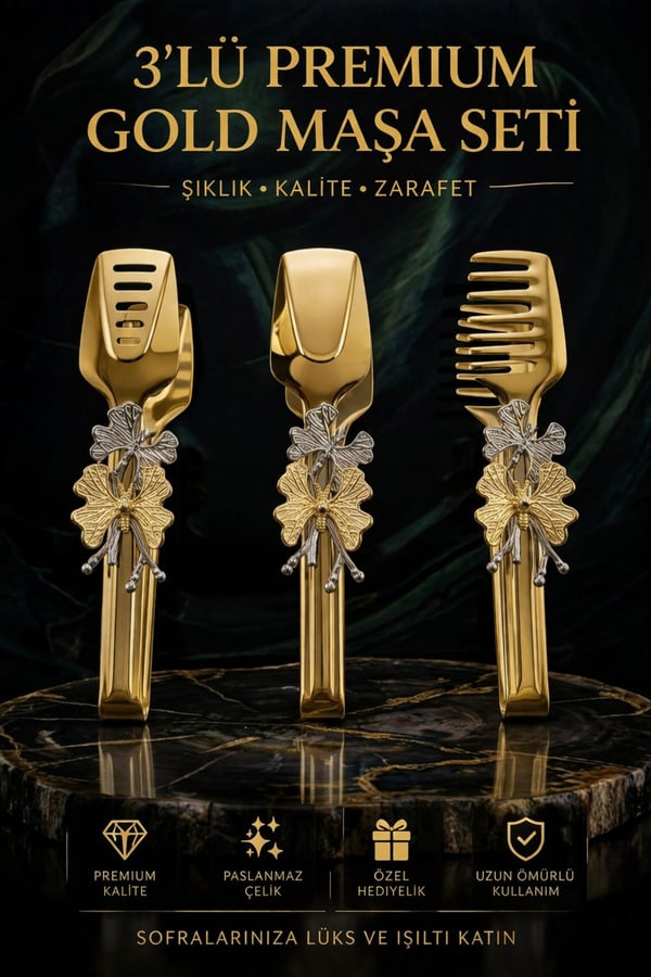 Kelebekli Gold Şık Servis Sunum Takımı Titanyum Kaplama 3'lü Maşa Seti-18 10 çelik 3'lü Servis Seti