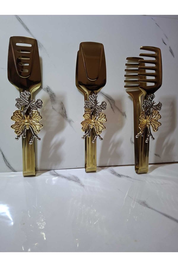 Kelebekli Gold Şık Servis Sunum Takımı Titanyum Kaplama 3'lü Maşa Seti-18 10 çelik 3'lü Servis Seti