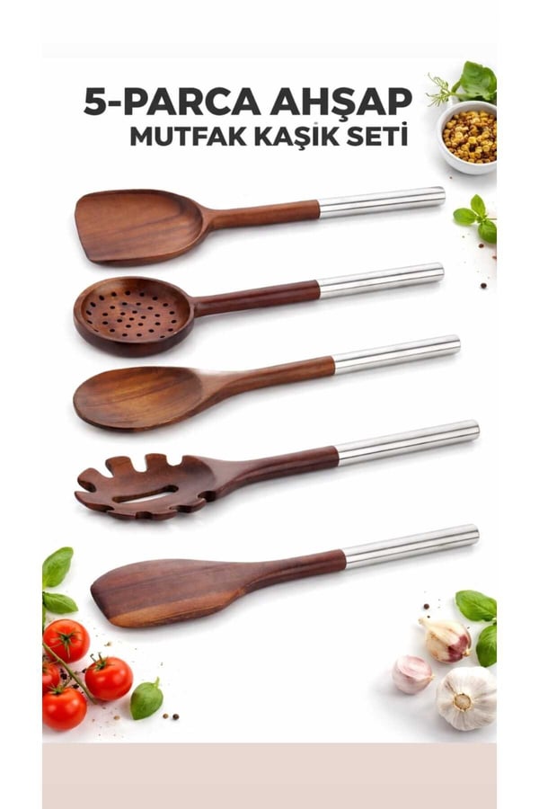 Mien 5 Parça Akasya Ahşap Mutfak Kaşık Seti – Krom Saplı - Doğal Ahşap Servis & Pişirme Kaşıkları