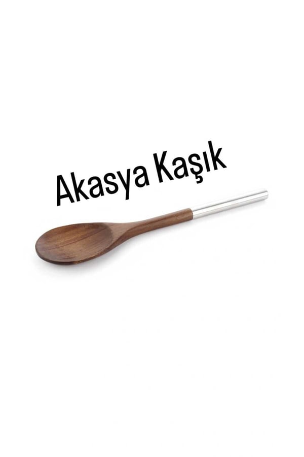 Mien 5 Parça Akasya Ahşap Mutfak Kaşık Seti – Krom Saplı - Doğal Ahşap Servis & Pişirme Kaşıkları