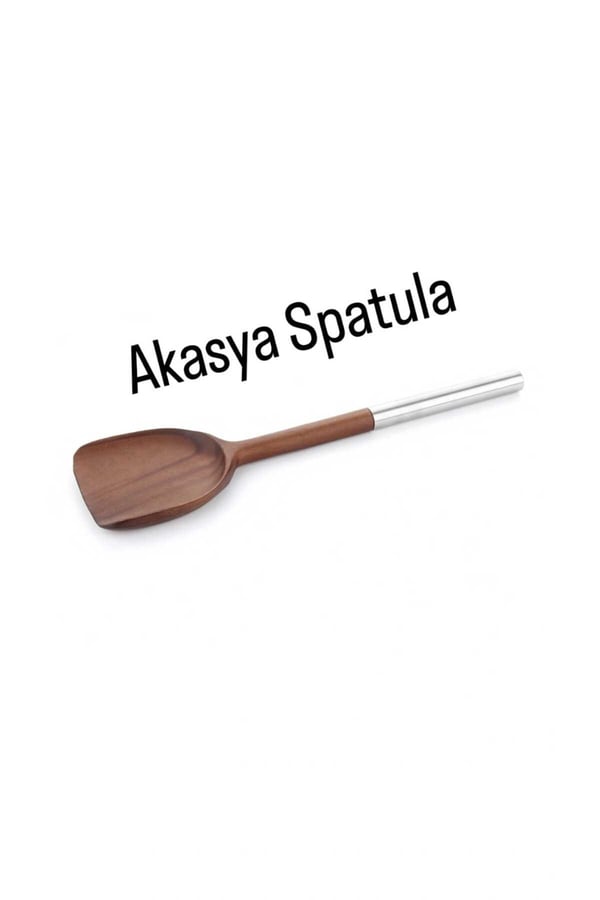Mien 5 Parça Akasya Ahşap Mutfak Kaşık Seti – Krom Saplı - Doğal Ahşap Servis & Pişirme Kaşıkları