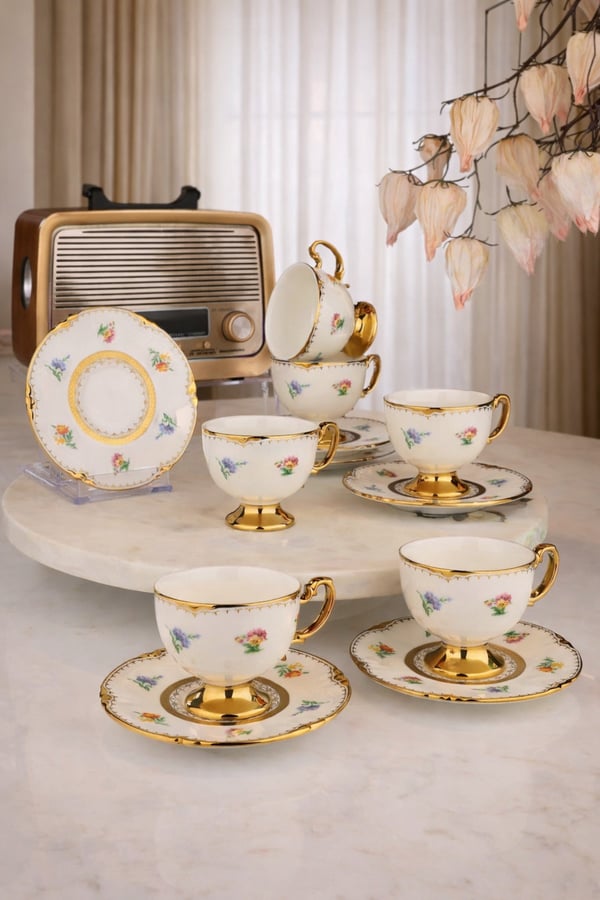 Mona 6 Kişilik Porselen Kahve Fincan Takımı – Gold Detaylı Fincan Takımı