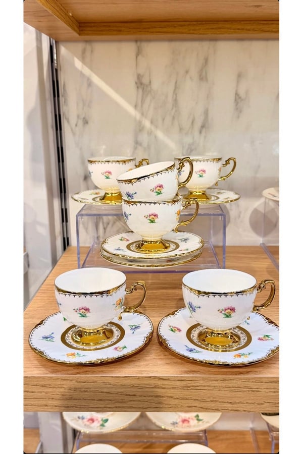 Mona 6 Kişilik Porselen Kahve Fincan Takımı – Gold Detaylı Fincan Takımı