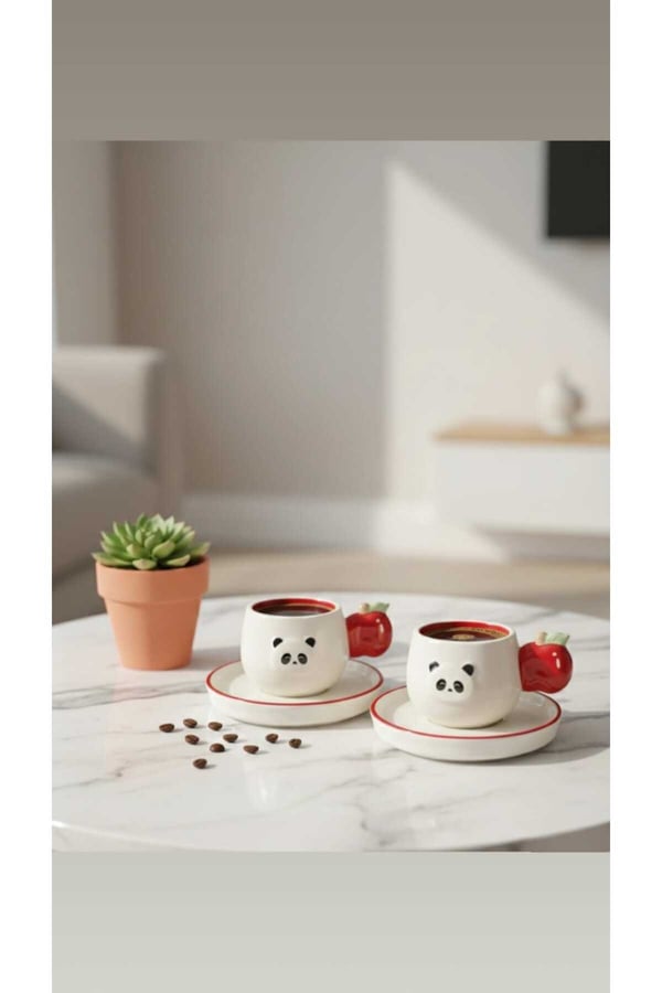 Panda Figürlü 2’li Fincan Seti–Elma Kulplu Seramik Kahve Fincanı–Fincan Takımı–Hediye Fincan