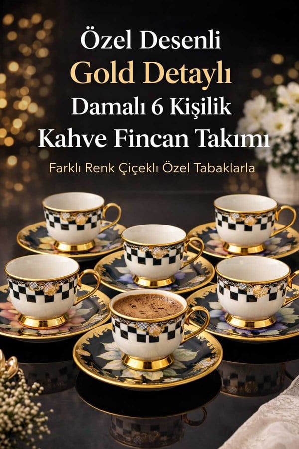 Porselen Gold Ayaklı Renkli Tombul Dama Desenli 6’lı Türk Kahve Fincan Takımı-Balsa Fincan Takımı