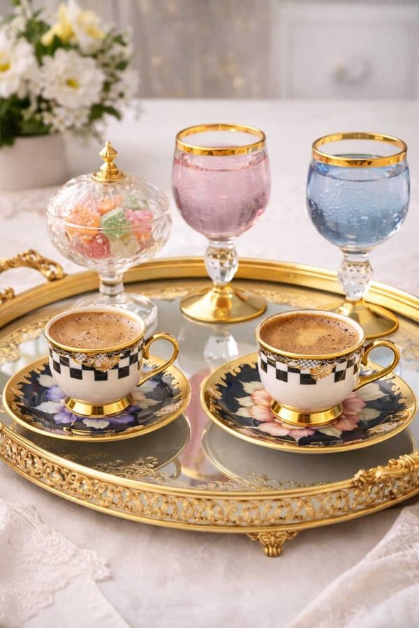 Porselen Gold Ayaklı Renkli Tombul Dama Desenli 6’lı Türk Kahve Fincan Takımı-Balsa Fincan Takımı