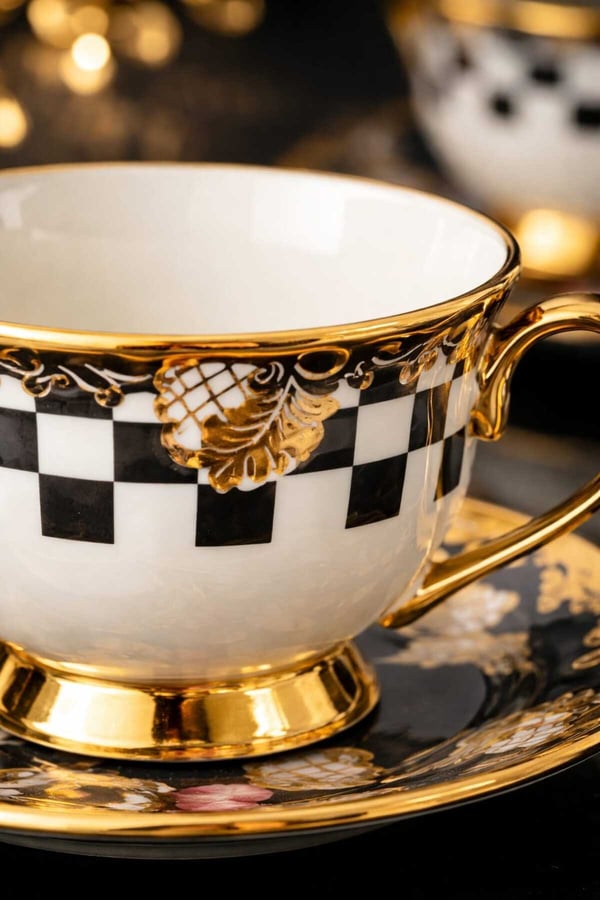 Porselen Gold Ayaklı Renkli Tombul Dama Desenli 6’lı Türk Kahve Fincan Takımı-Balsa Fincan Takımı