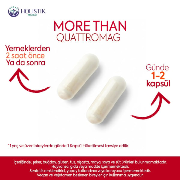 Quattromag Magnezyum Kompleks (Klorür - Bisglisinat - Sitrat - Malat ve B6) 60 Kapsül